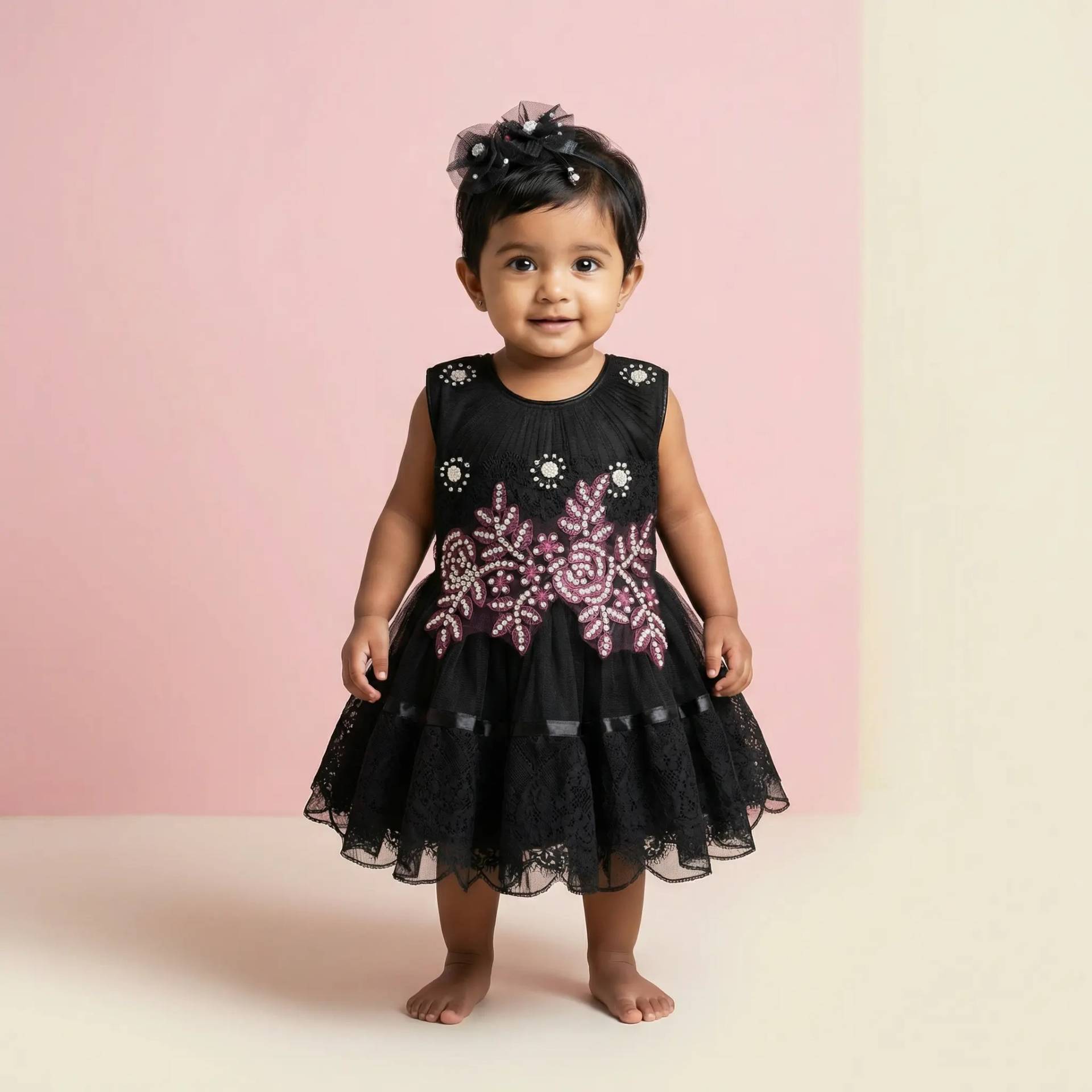 Beaded Net & Lace Layered Party Frock with Matching Headband